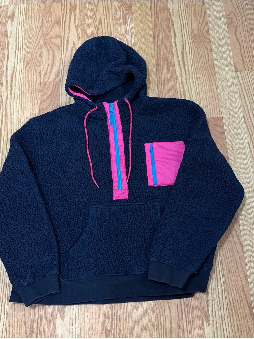 J. Crew Navy Sherpa Hoodie with Bright Pink & Blue Trim